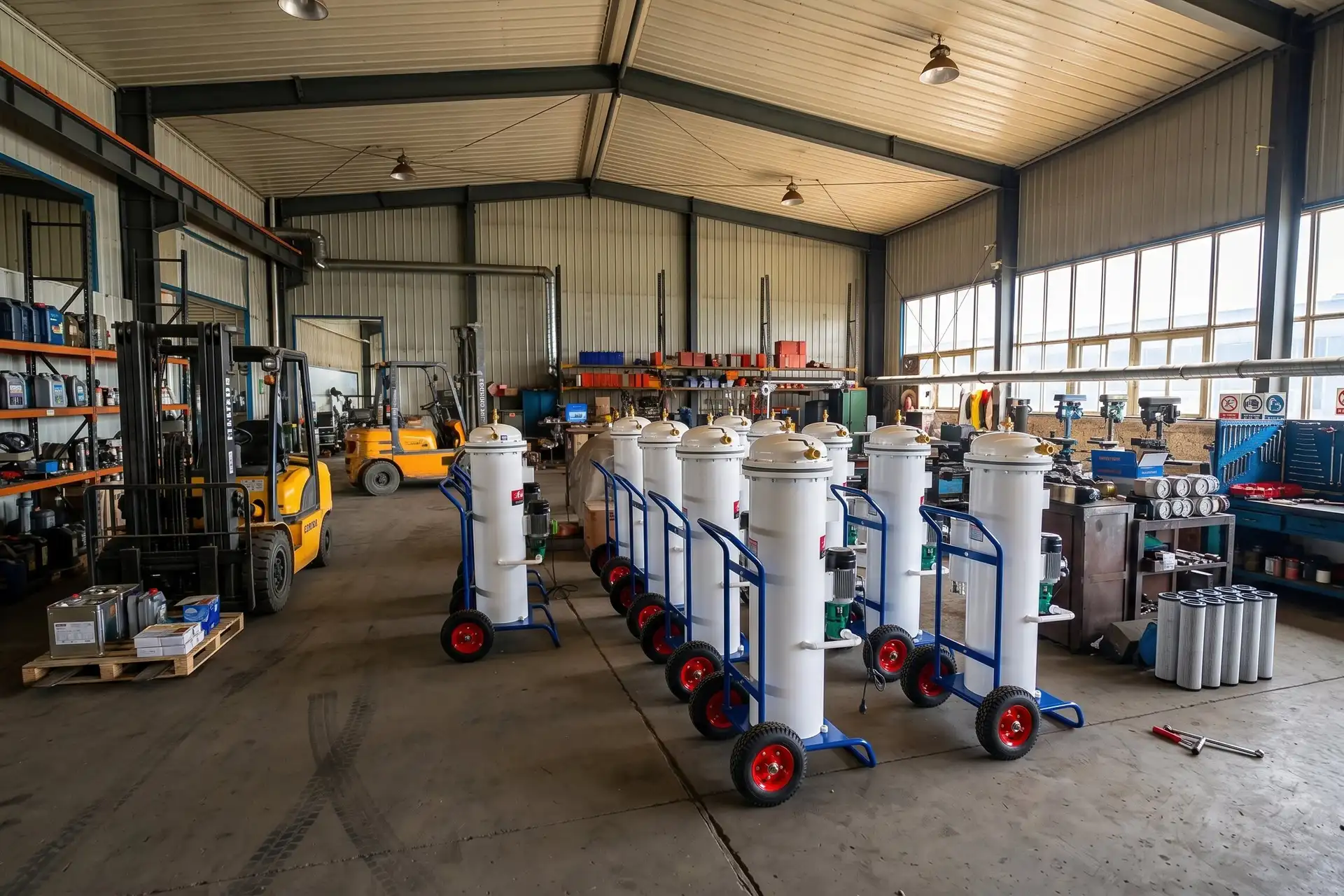 Jingyuan quality inspection and testing area for completed industrial filtration systems before shipment